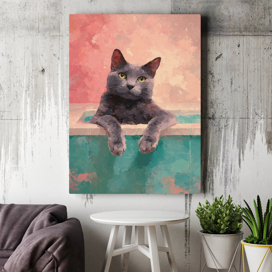 Grey Cat Bathing Canvas Wall Art | Impressionist Teal Bathroom Decor | Premium Gallery Wrapped Print | Cute Animal Lover Home Gift
