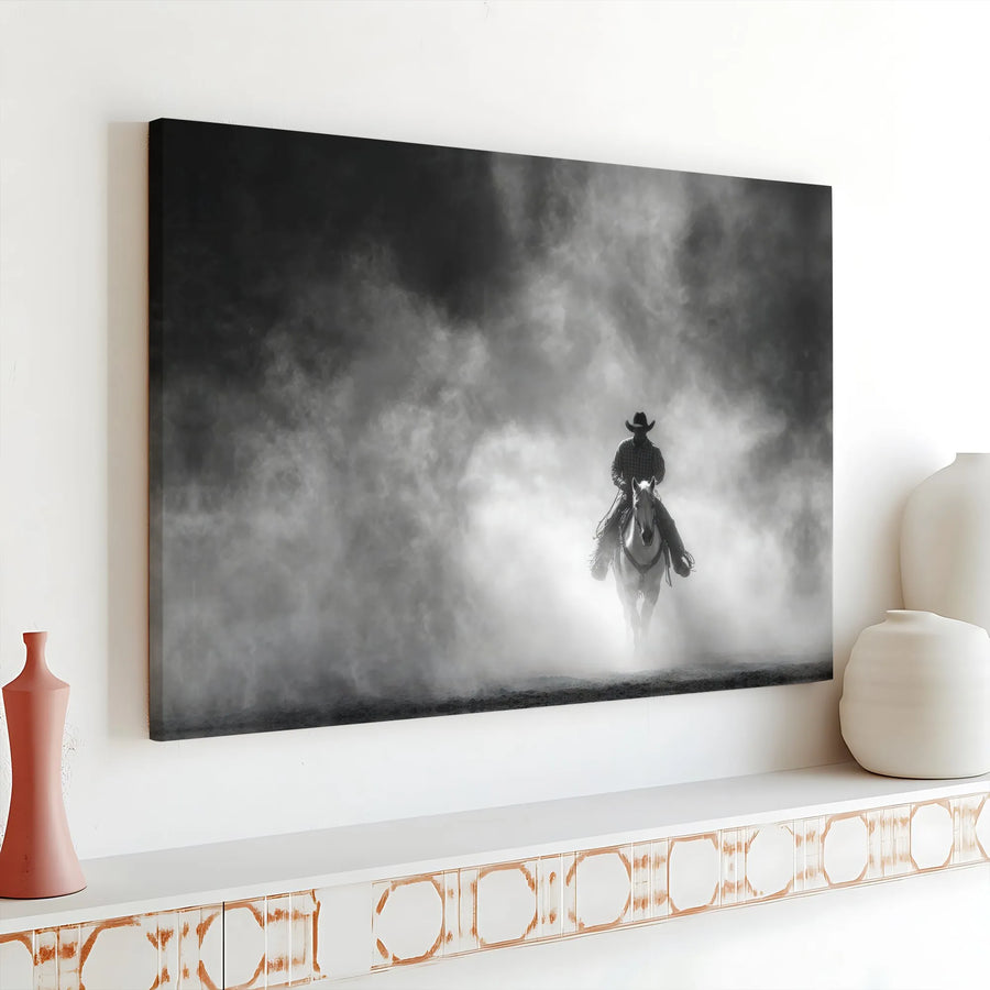 Lone Cowboy Wall Art | Black and White Western Horse Portrait | Premium Gallery Wrapped Canvas | Rustic Southwestern Home Decor Gift