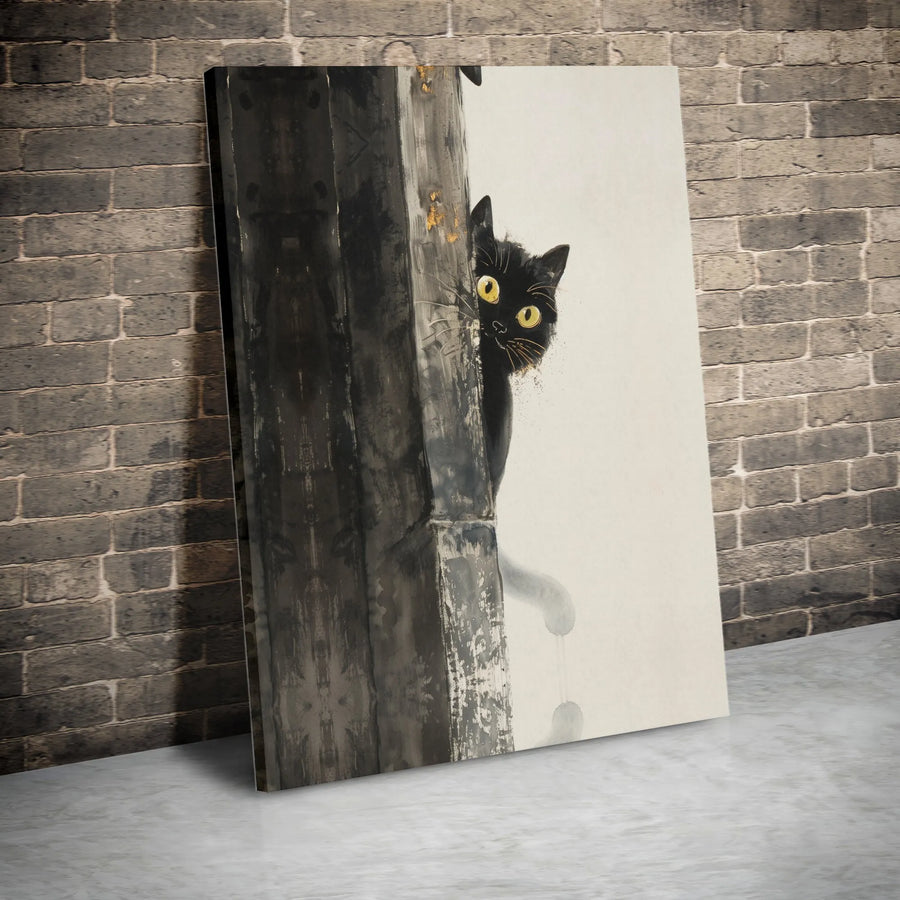 Peeking Black Cat Canvas Wall Art | Whimsical Yellow-Eyed Kitty Print | Premium Gallery-Wrapped Fade-Resistant | Modern Home Decor Gift