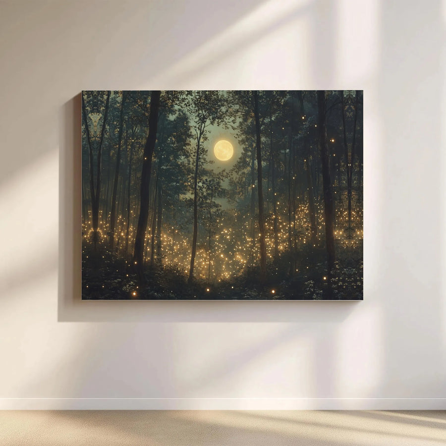 Enchanted Forest Canvas Wall Art | Glowing Fireflies and Full Moon | Premium Gallery Wrap | Magical Nature Decor for Living Room or Bedroom