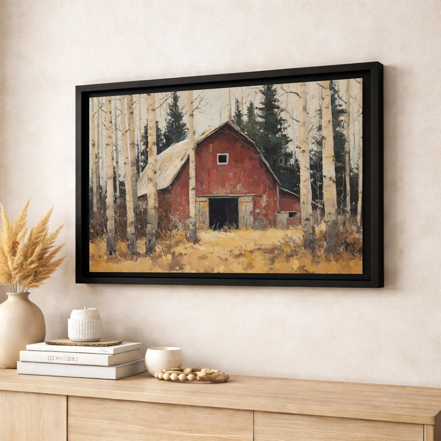 Rustic Red Barn Canvas Art | Aspen Forest Painting | 1.25 Inch Premium Gallery Wrap | Farmhouse Wall Decor For Living Room