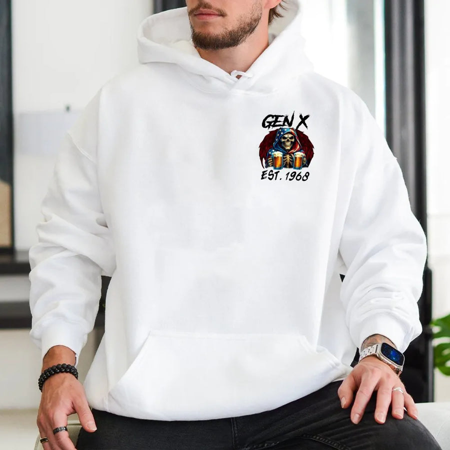 Gen X Hoodie | 1968 Birthday Skull Graphic | Cotton-Poly Premium Apparel | Vintage Aesthetic Gift for Men and Women