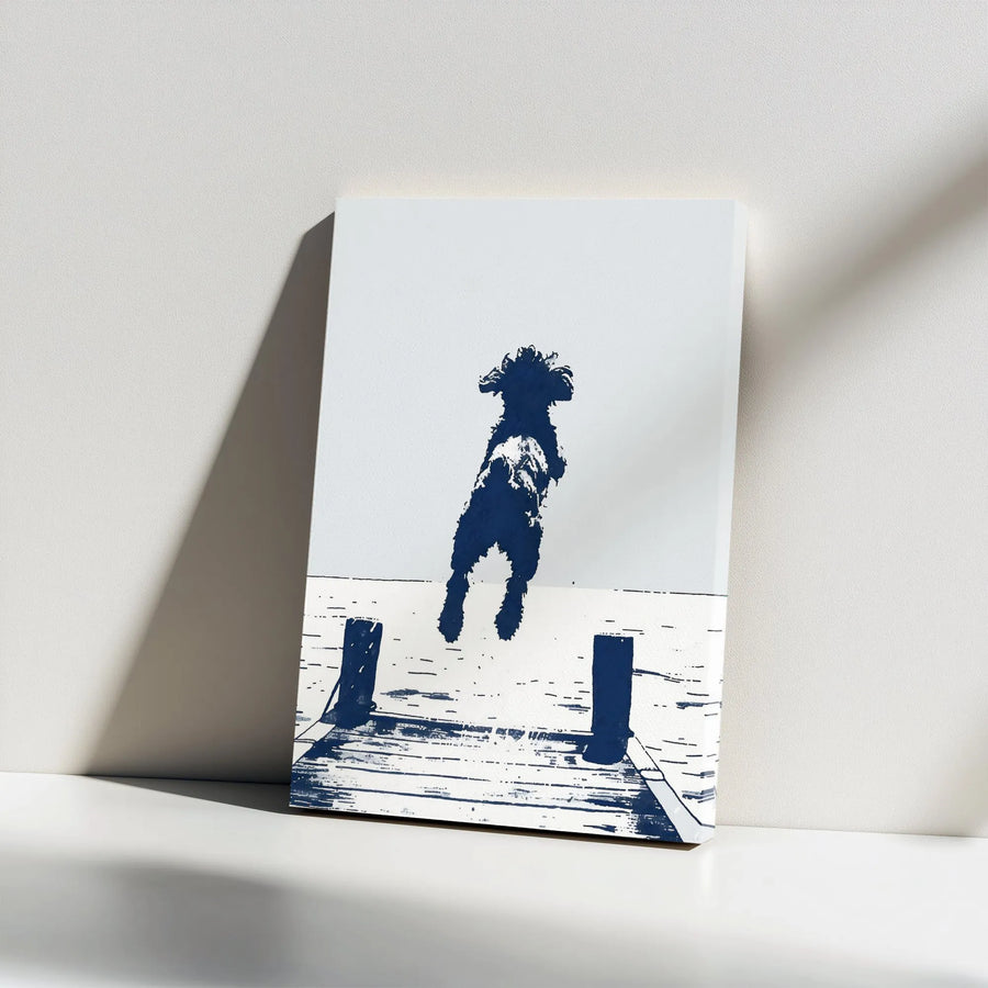 Jumping Doodle Canvas Print | Minimalist Dog Jumping Off Dock | Premium Thick Gallery Wrap Canvas | Modern Wall Art Gift for Dog Lover