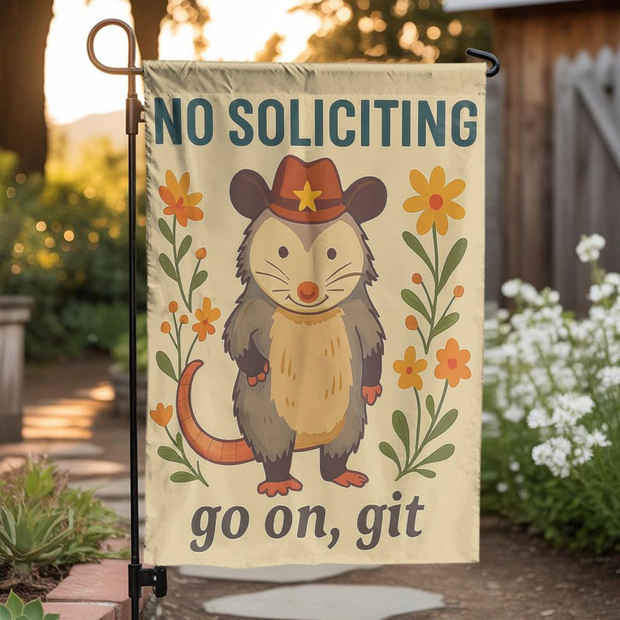 No Soliciting Garden Flag | Cowboy Possum Go On Git Decor | Weather-Resistant Polyester | Funny Porch Sign Gift for Nature Lovers