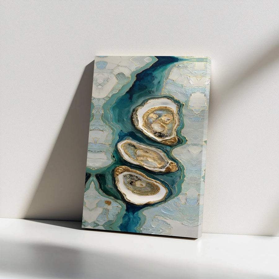 Abstract Oyster Canvas Print | Modern Coastal Art with Gold Accents | Premium Gallery Wall Decor | Luxury Bathroom & Kitchen Gift