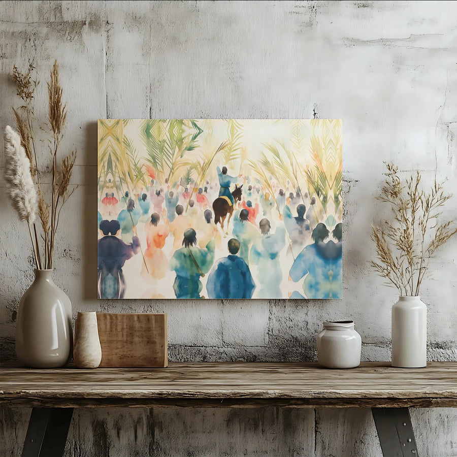 Palm Sunday Canvas Wall Art | Watercolor Jesus Triumphal Entry | Premium Gallery Wrapped Canvas | Christian Home Decor Gift