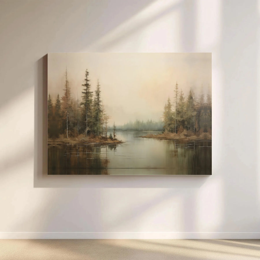 Misty Forest Lake Canvas Art | Serene Pine Tree Landscape Reflection | Premium Gallery Wrapped Decor | Modern Nature Wall Print for Living Room