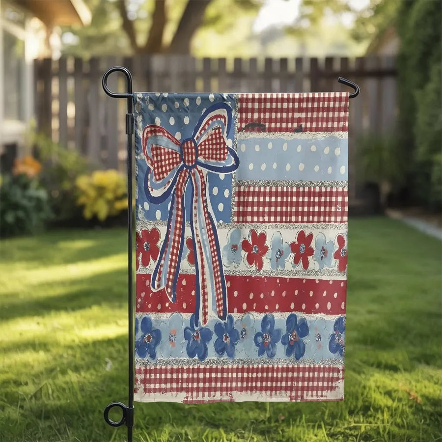 Patriotic Garden Flag | Rustic Floral Americana Print with Bow | Weatherproof Double Sided Fabric | Premium 4th of July & Memorial Day Yard Decor