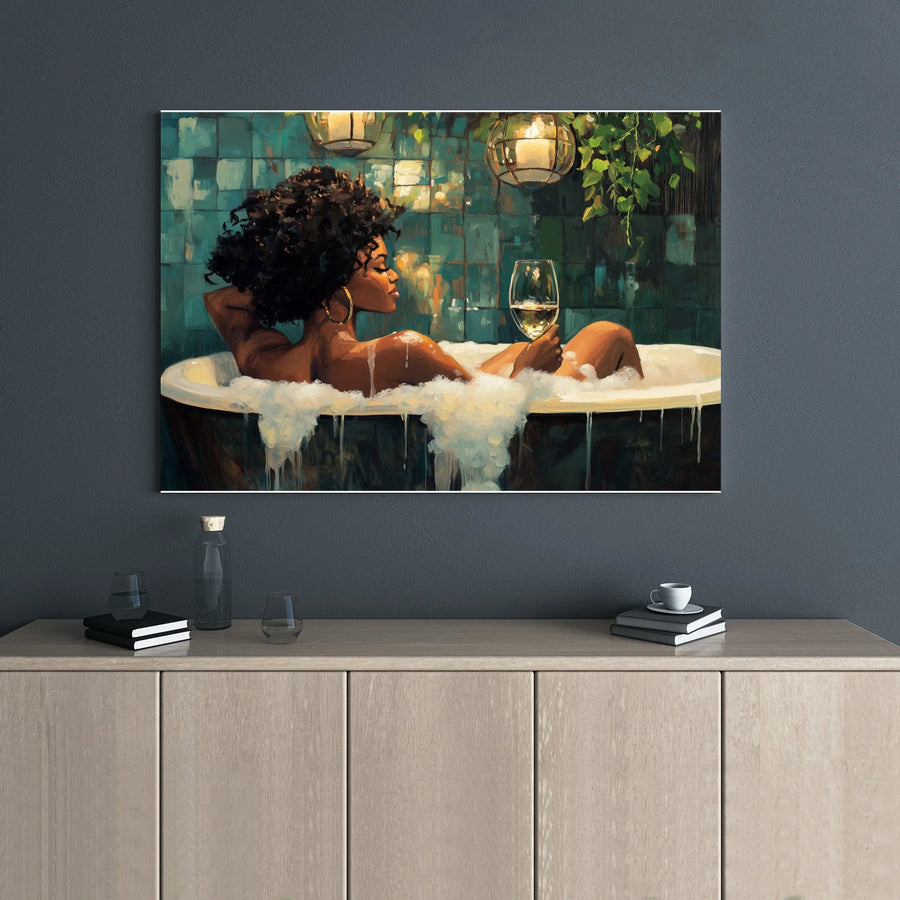 Black Woman Relaxing in Bath Canvas Art | Afro Hair Portrait with Wine | Premium Gallery Wrap Wall Decor | Self-Care Bathroom Wall Art Gift