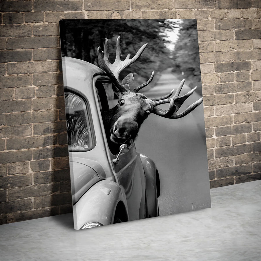 Moose In Car Canvas Art | Funny Wildlife Animal Portrait | Premium Gallery-Wrapped Print | Whimsical Home Decor Gift