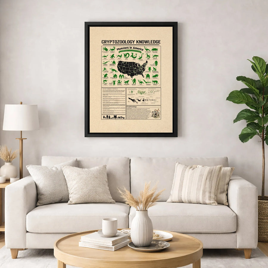 Cryptozoology Map of American Monsters | USA Cryptid Poster Art | Gallery-Quality Canvas Print | Unique Science Home Decor Gift for Legend Lovers