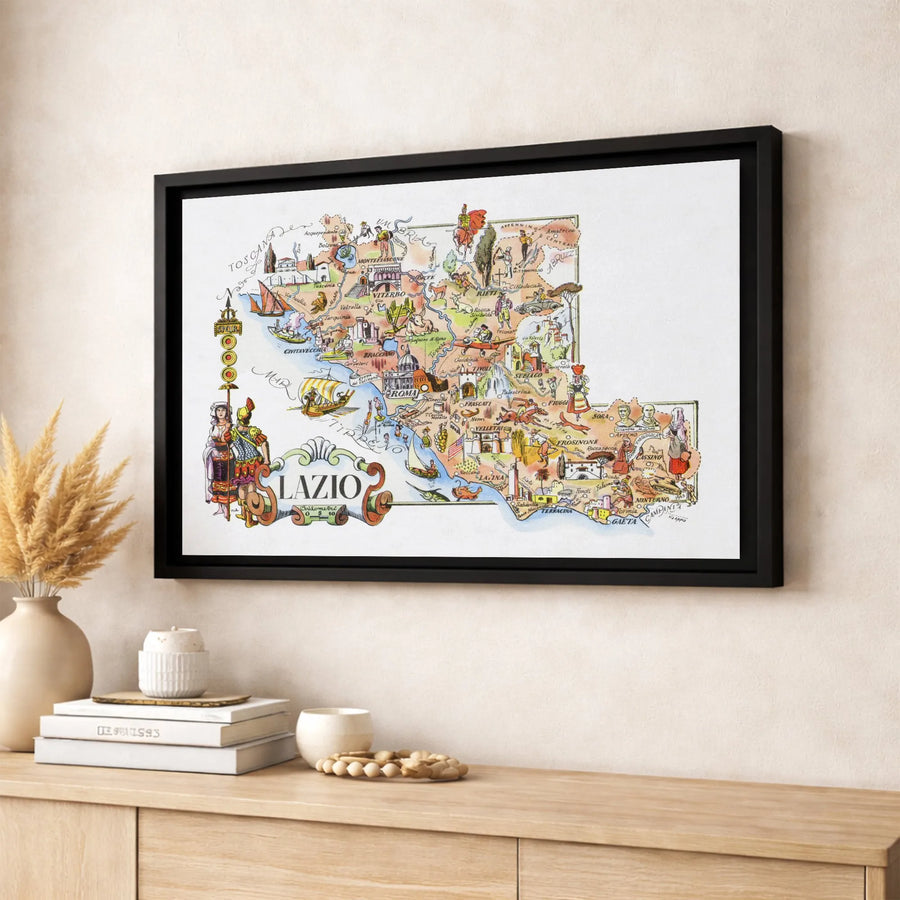 Lazio Italy Map Wall Art | Vintage Pictorial Illustrated Region Print | Premium Gallery Wrapped Canvas | Italian Home Office Decor Gift