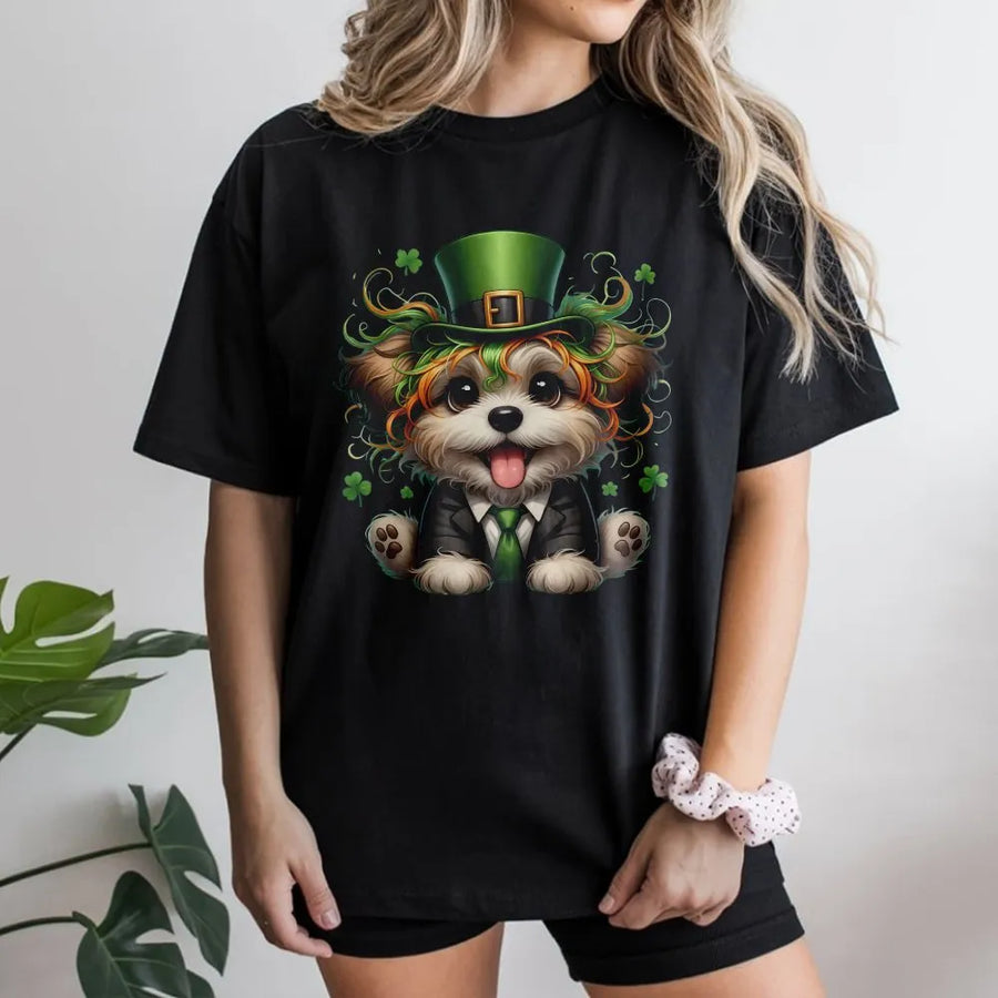 St. Patrick's Day Dog T-Shirt | Cute Puppy Leprechaun Graphic | 100% Cotton Premium Tee | Festive Gift for Pet Lovers and Dog Moms