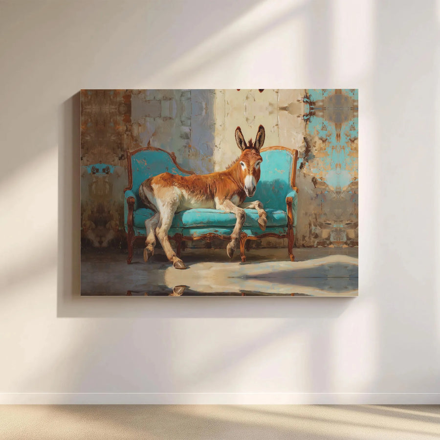 Funny Donkey Canvas Wall Art | Animal Lounging on French Sofa Painting | Premium Gallery Wrap Canvas | Eclectic Farmhouse Decor Gift
