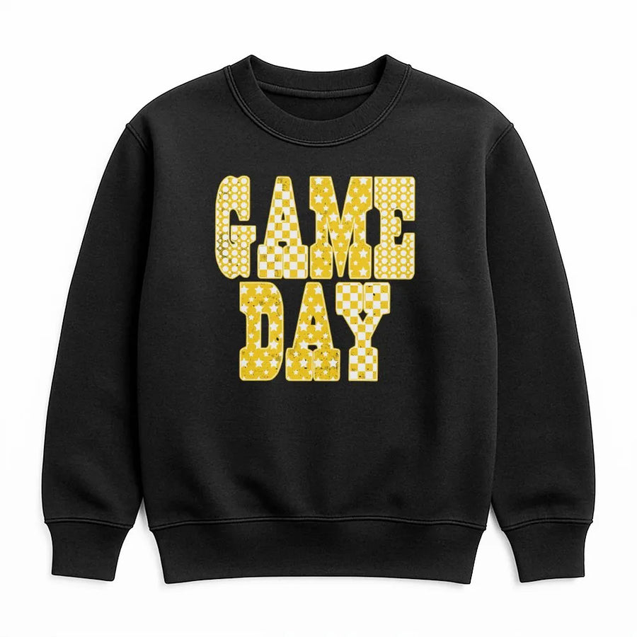 Game Day Sweatshirt | Retro Yellow Checkered Star Graphic | Cozy Cotton Blend | Gift for Football Mom, Preppy Tailgate Apparel
