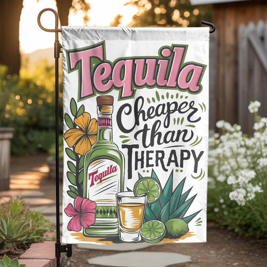 Tequila Cheaper Than Therapy Garden Flag | Funny Alcohol Quote Yard Decor | Weather-Resistant Polyester | Perfect Gift for Bar & Patio Enthusiasts