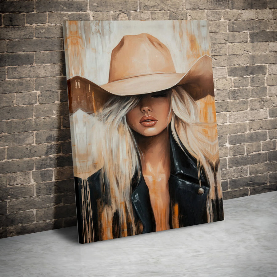 Cowgirl Canvas Wall Art | Blonde Woman in Cowboy Hat Abstract Print | Premium 1.25-Inch Thick Gallery Wrap | Western Home Decor for Modern Living