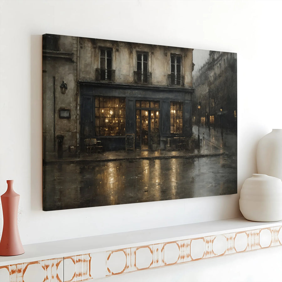 Rainy Paris Cafe Canvas Print | Moody Street Scene Wall Art | Premium 1.25 inch Gallery Wrap | Romantic Home Decor Gift