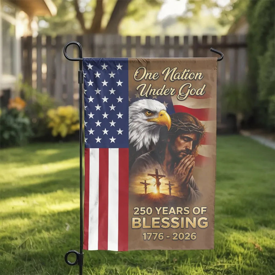 One Nation Under God Garden Flag | Jesus & Eagle American Flag Art | Double Sided Weatherproof Fabric | 250th Anniversary Blessing Gift for Christian Patriots