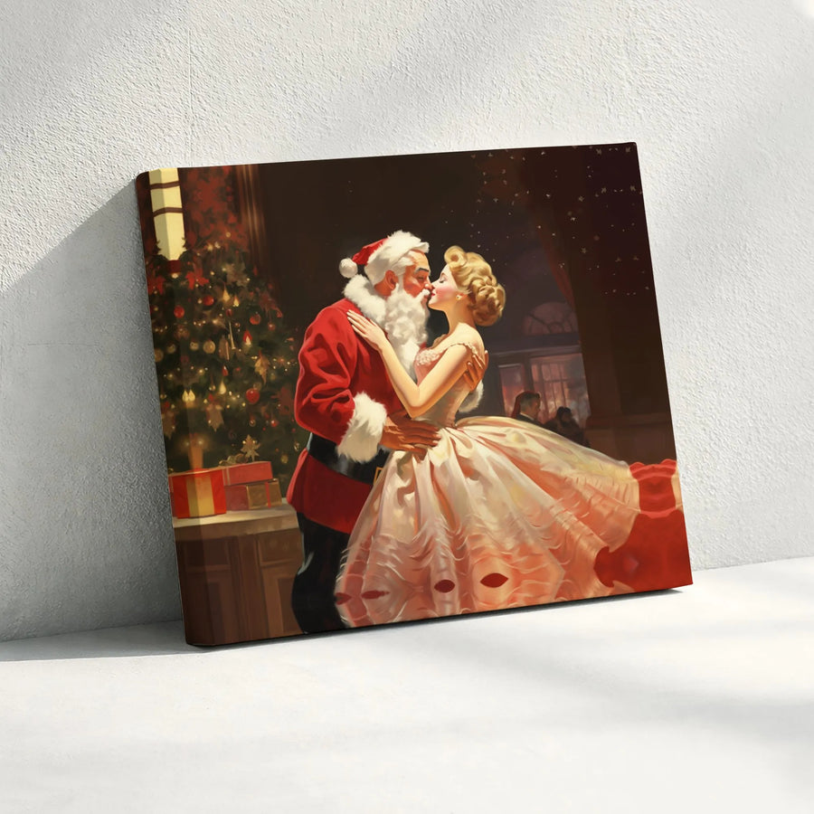 Vintage Santa Claus Kissing Woman Canvas | Retro Christmas Romance Wall Art | Premium Gallery-Wrapped Print | Festive Holiday Home Decor Gift