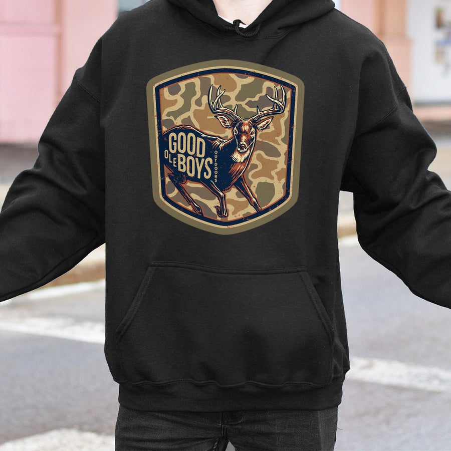 Good Ole Boys Outdoors Hoodie Buck Deer Graphic With Camo Shield Southern Hunting Hoodie For Country Men