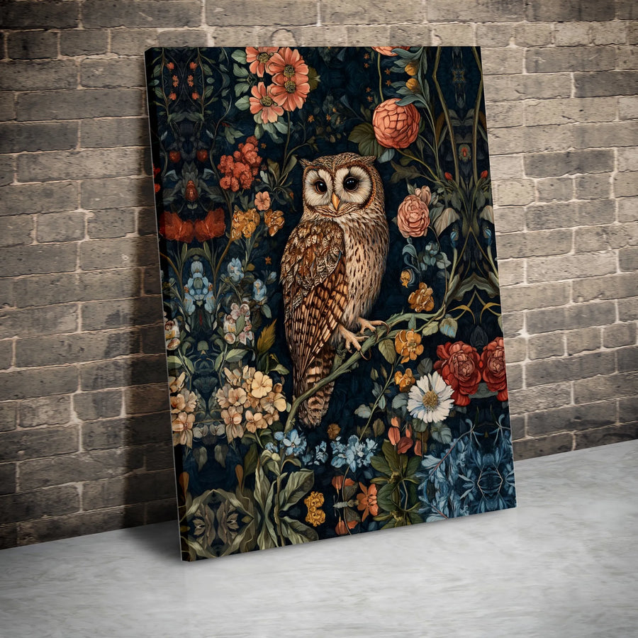 Vintage Owl Canvas Print | Dark Floral Botanical Illustration | Premium Gallery Quality Wall Art | Collector's Gift for Nature Lover