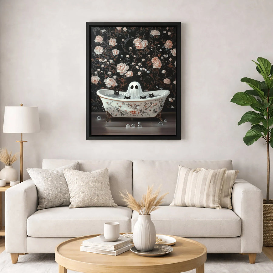 Ghost in Bathtub Canvas Art | Whimsical Floral Victorian Gothic Decor | Premium Fade-Resistant Print | Spooky Halloween Wall Art for Cat Lovers