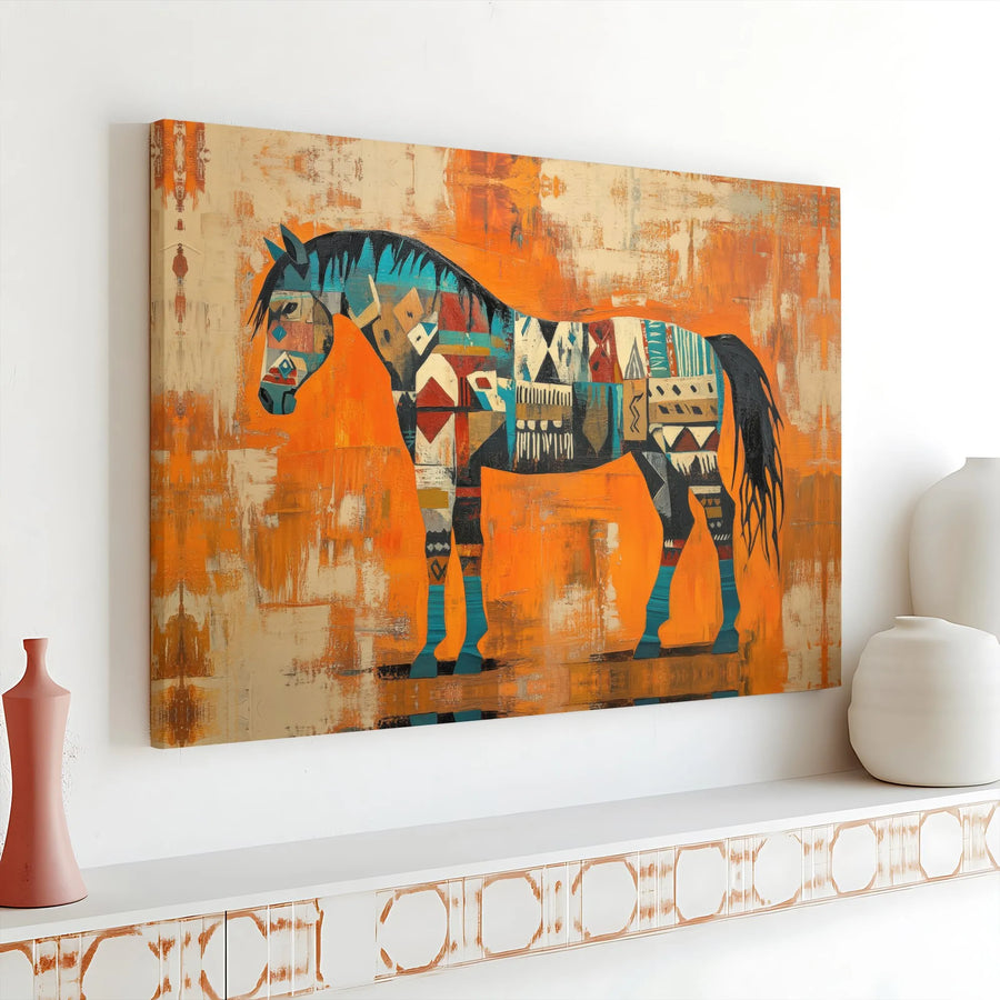 Southwestern Horse Canvas Wall Art Print | Abstract Tribal Horse Painting | Premium Canvas with Fade-Resistant Ink | Rustic Home Decor Gift
