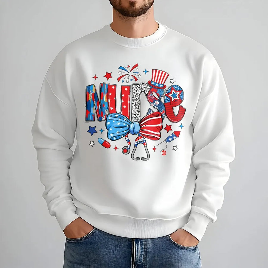 Patriotic Nurse Sweatshirt | Coquette American Flag Design with Stethoscope Bow | Soft Cotton Blend | 4th of July Gift for ER, ICU, LPN Nurses