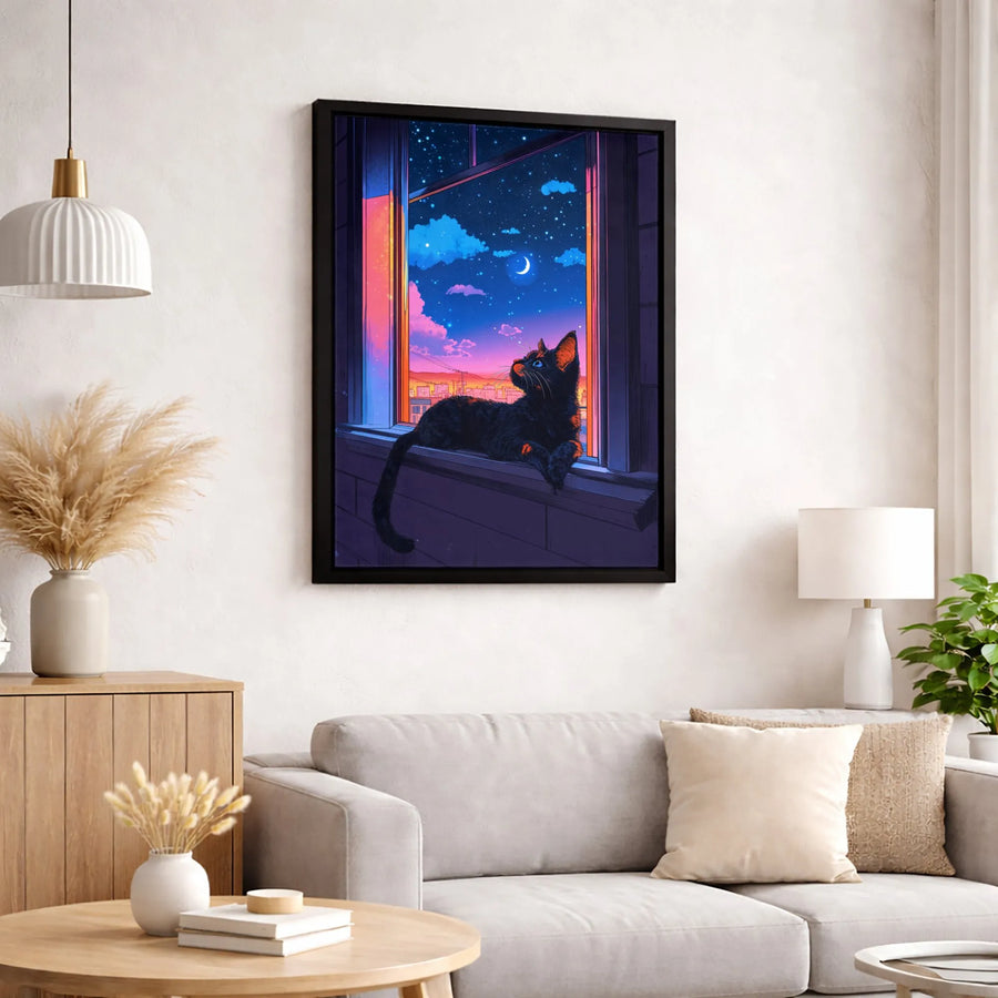 Black Cat Wall Art | Night Sky Cityscape Print | 1.25 Inch Premium Gallery Canvas | Aesthetic Bedroom Decor Gift