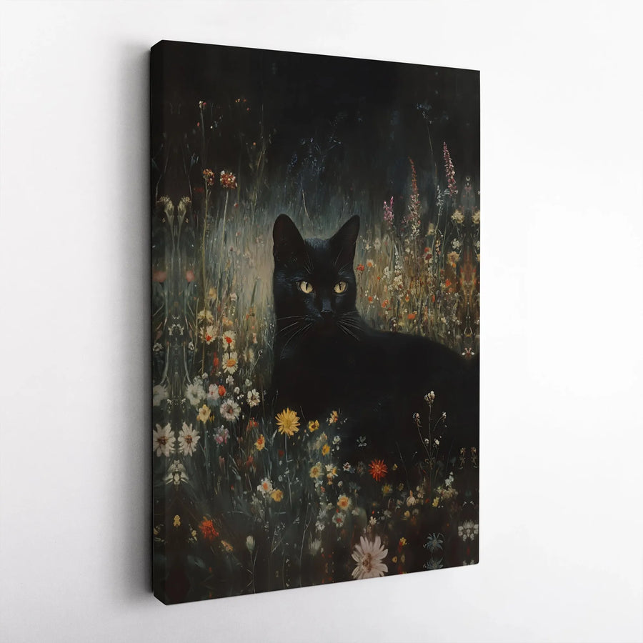 Black Cat Wall Art | Moody Wildflower Garden Painting | Premium 1.25” Gallery Wrap Canvas | Gothic Cottagecore Decor for Cat Lovers