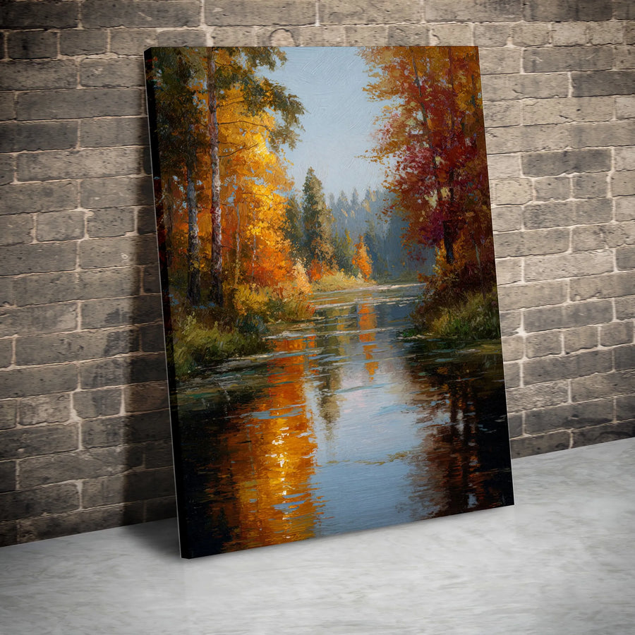 Autumn Forest River Canvas Print | Vibrant Fall Landscape Oil Painting | Premium Gallery Wrap Wall Art | Seasonal Nature Decor Gift