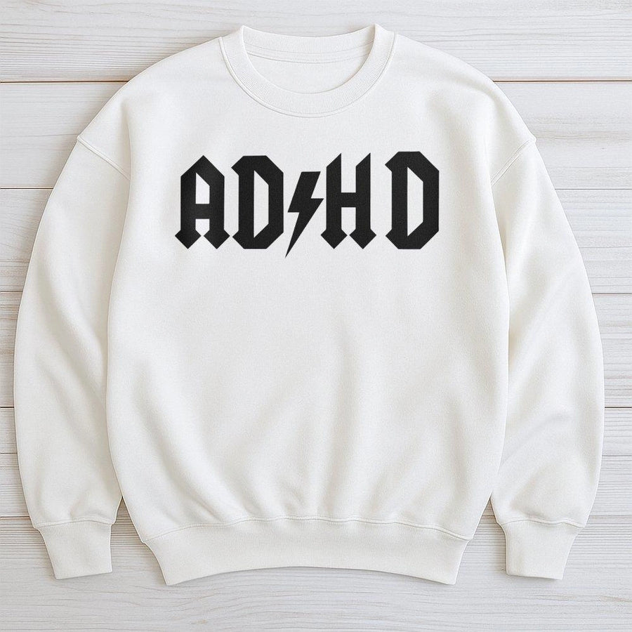 ADHD Sweatshirt | Rock Music Font Graphic Design | Premium Cotton Blend Crewneck | Funny Mental Health Awareness Gift for Him or Her