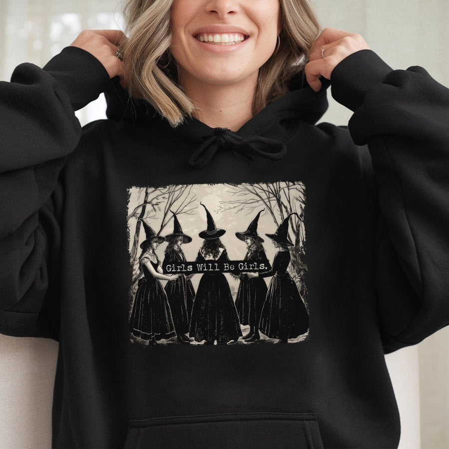 Girls Will Be Girls Witch Hoodie | Vintage Gothic Illustration Graphic | Premium Cotton Blend Pullover | Feminist Occult Gift for Women