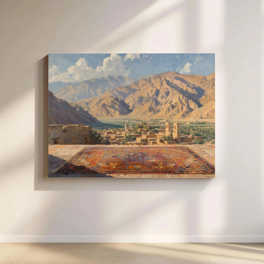 Persian Rug Art Canvas Print | Desert Mountain Village Landscape | 1.25-Inch Gallery Wrap | Bohemian Home Decor Wall Art
