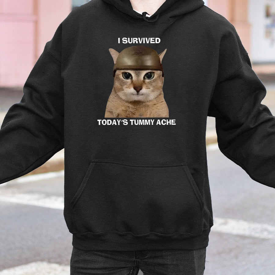 I Survived Today's Tummy Ache Hoodie | Funny Soldier Cat Meme Graphic | Premium Cotton Blend | Unisex Sarcastic Gift for Cat Lovers