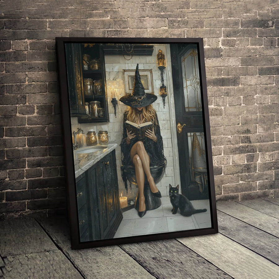 Witch Reading on Toilet Canvas Print | Funny Gothic Bathroom Wall Art | Premium 1.25-inch Thick Gallery Wrap | Unique Witchy Home Decor Gift