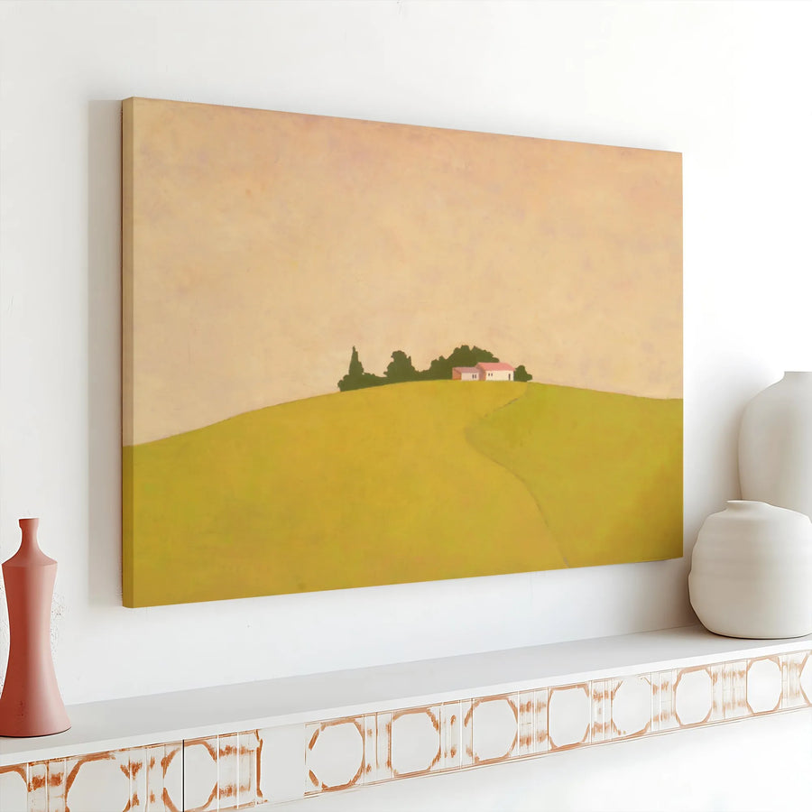 Minimalist Landscape Canvas Art | Abstract Farmhouse on Rolling Hills | Premium Canvas Print | Modern Minimalist Home Decor Gift