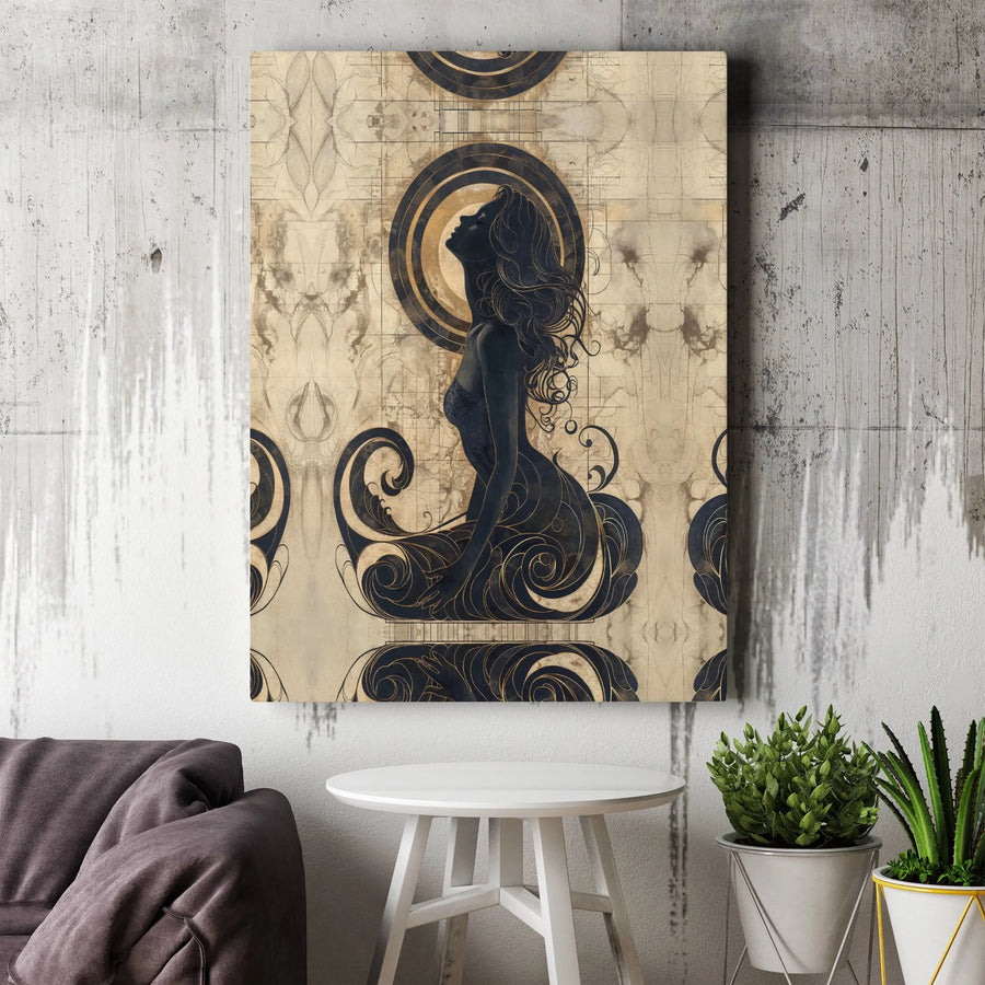 Art Nouveau Woman Wall Art | Celestial Silhouette with Golden Swirls | Premium Gallery Canvas | Elegant Home Decor Gift for Her