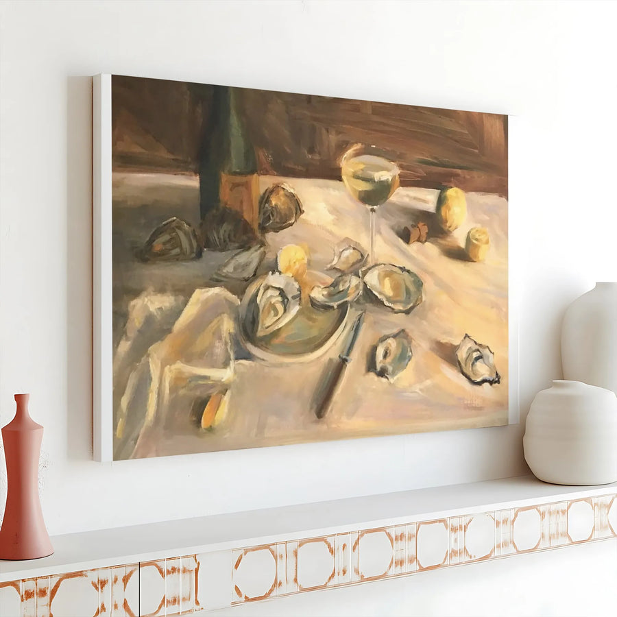 Oyster Still Life Canvas Art | Vintage Wine and Seafood Painting Print | Premium Gallery Wrap Canvas | Kitchen & Dining Room Decor Gift