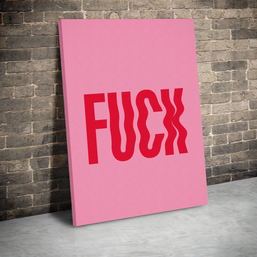 Wavy Typography Wall Art | Rude Red Text on Pink Canvas | 1.25-Inch Gallery Wrap | Edgy Modern Home Decor Gift