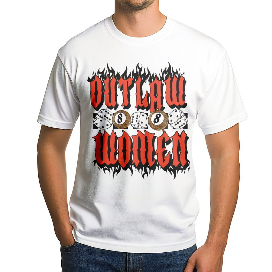 Outlaw Women Graphic T-Shirt | Retro 8 Ball Dice Flame Design | Premium Cotton Vintage Style Tee | Edgy Cowgirl Western Gift For Her