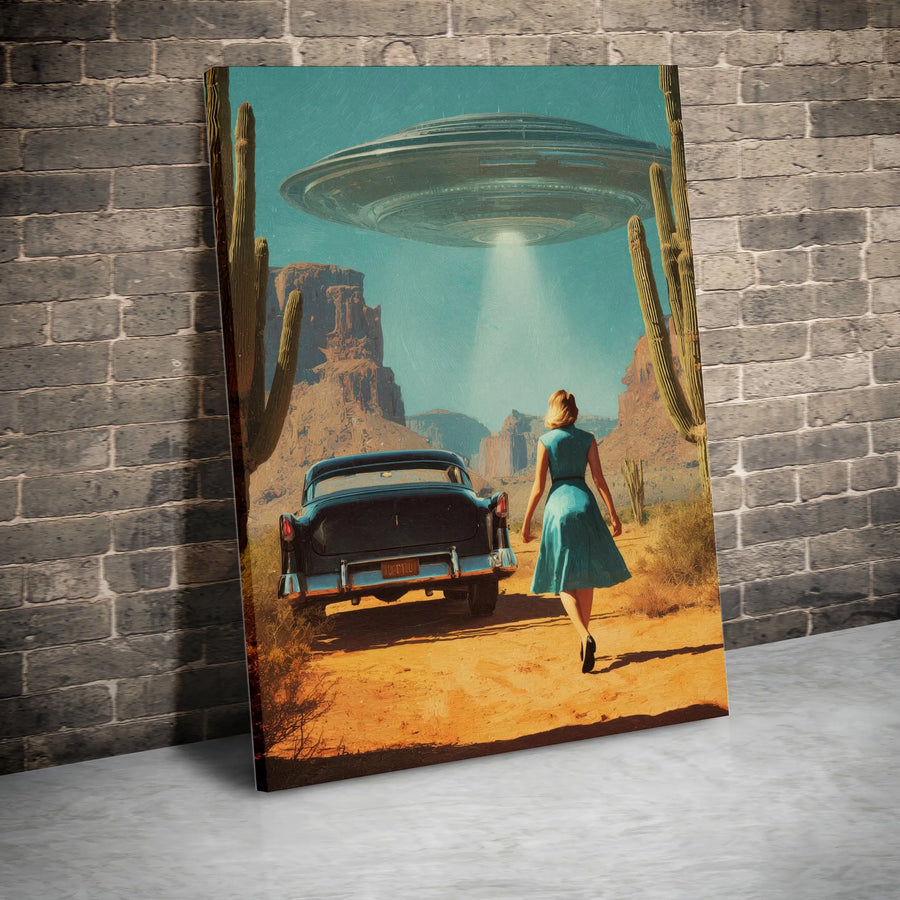 Retro UFO Abduction Canvas Print | Vintage Desert 1950s Sci-Fi Scene | Premium Gallery-Wrapped Art | Unique Sci-Fi Wall Decor Gift
