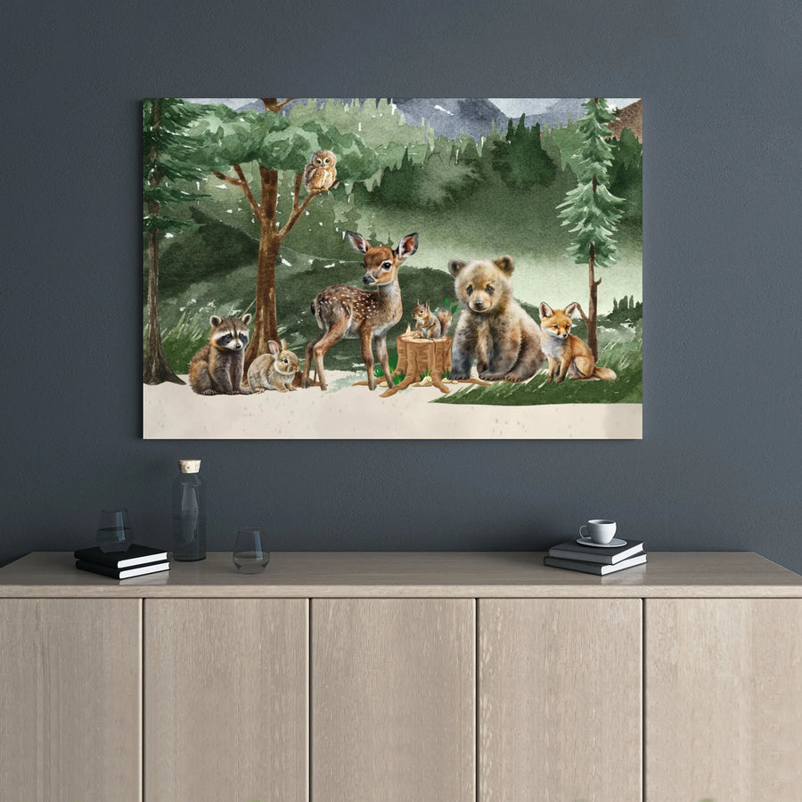 Watercolor Woodland Nursery Canvas Art | Cute Forest Animal Bear Deer Fox Print | Premium 1.25" Gallery Wrap | Baby Boy Girl Room Decor Gift