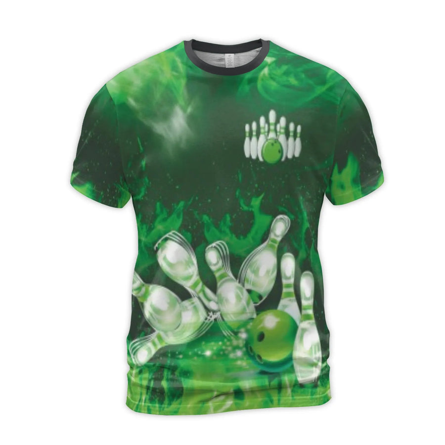 Bowling Shirt | Green Flame Strike Design 3D Graphic Tee | Premium Polyester Spandex | Gift for Bowler Men Women
