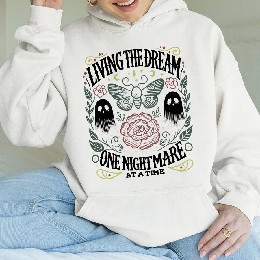 Living The Dream One Nightmare At A Time Hoodie | Vintage Moth & Ghost Floral Graphic | Soft Cotton-Polyester Blend | Spooky Halloween Gift For Her