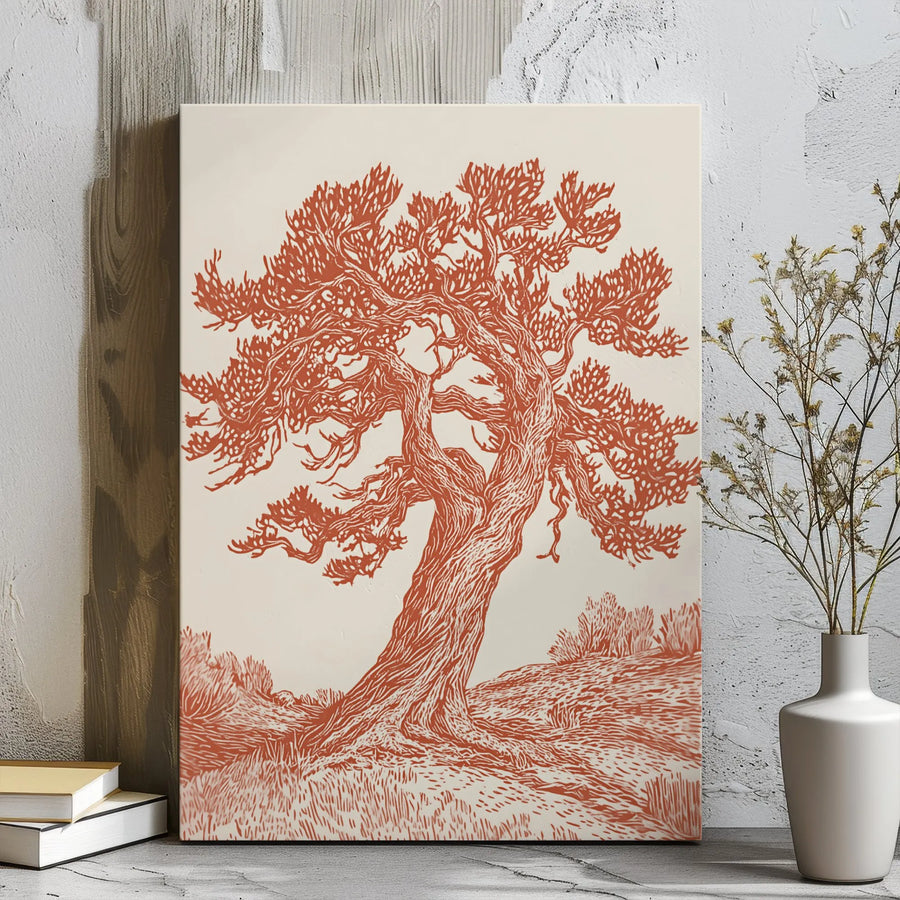 Gnarled Tree Canvas Wall Art | Rustic Woodcut Illustration Print | Premium Gallery Wrap Decor | Nature Inspired Gift for Home Office