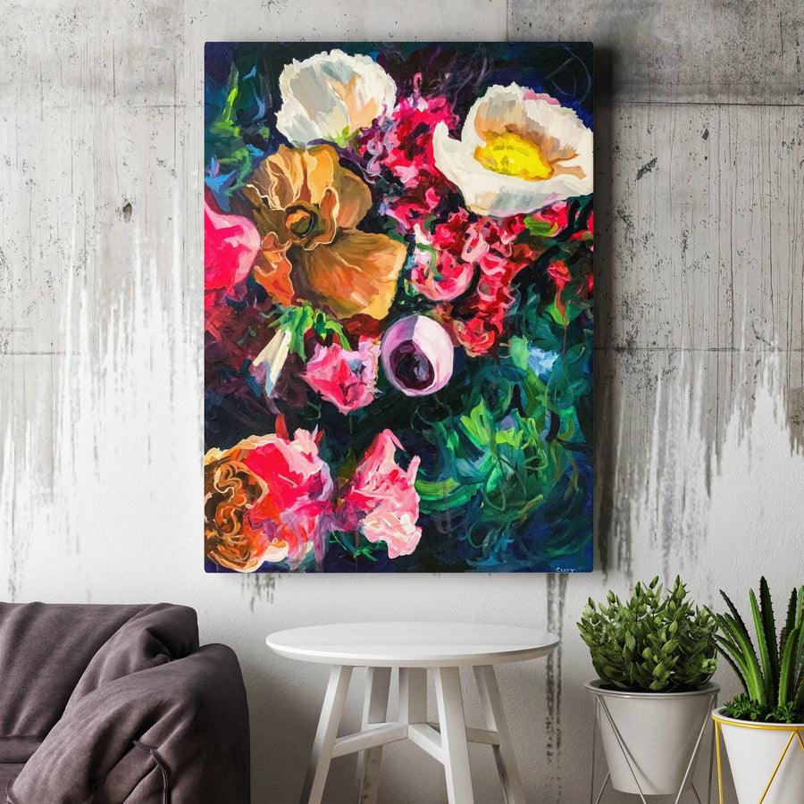 Abstract Floral Vertical Canvas | Colorful Moody Flower Painting | Premium Gallery Wrapped Print | Modern Home Decor Art Gift for Her