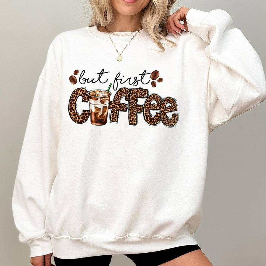 But First Coffee Sweatshirt | Leopard Print Iced Coffee Graphic Design | Premium Cotton Blend Crewneck | Trendy Caffeine Lover Gift For Her