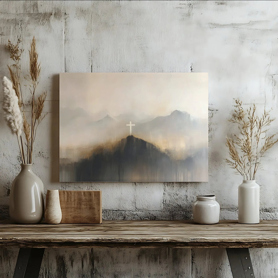 Christian Cross Canvas Wall Art | Misty Mountain Landscape Print | Premium 1.25" Gallery Wrap | Religious Home Decor Gift